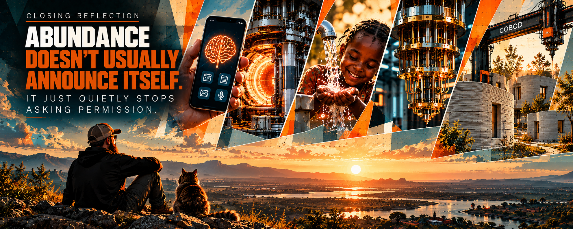 Closing reflection collage showing local AI, fusion energy, clean water, quantum computing, and 3D-printed housing.
